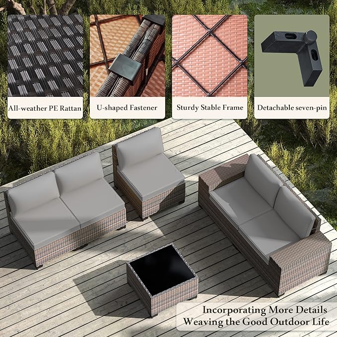 6 PCS Outdoor Patio Furniture Set,Outdoor Sectional Furniture All Weather PE Rattan Wicker Patio Conversation Set with Coffee Table and 5 Thickened Cushions,Grey