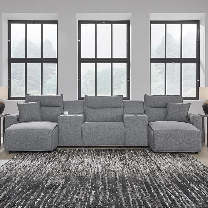 Signature Design by Ashley Modern ModMax II Stain Resistant U-Shape Symmetrical 5-Piece Power Reclining Sectional with Chaise, Storage Console and Adjustable Headrest, Gray