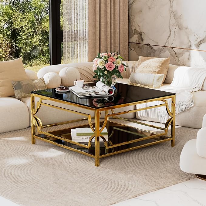 Harper & Bright Designs Square Glass Coffee Table in 33.5",Luxurious Geometric Metal Frame,Gold Finish & Lower Shelf