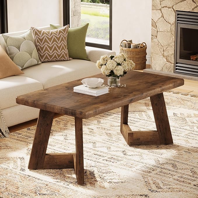 Tribesigns Coffee Table, Farmhouse Center Table with V-Shaped Legs, 47.2 x 23.6 Inches Rectangle Living Room Tables, Easy to Assemble, Rustic Brown