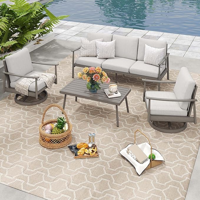 HAPPATIO Patio Outdoor Furniture Set - 4 Piece Aluminum Patio Conversation Set with 1 Coffee Table, 2 Swivel Chairs and 1 Three-Seater Sofa, Aluminum Outdoor Furniture Set for Backyard Poolside (Grey)