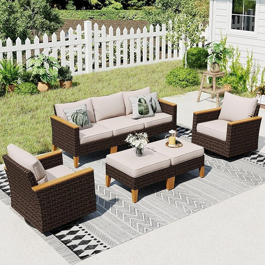 Sophia & William Patio Furniture Set with Swivel Chairs, 7 Piece Outdoor Sectional Furniture Wicker Modular Sofa Couch, Conversation Set for Deck Backyard Lawn, Beige