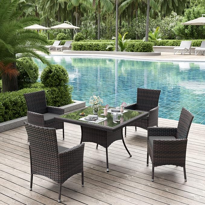 ALAULM 5 Piece Patio Dining Set All-Weather Wicker Outdoor Furniture Set w/Tempered Glass Tabletop, Removable Cushions and Umbrella Hole for Patio, Backyard, Garden, Poolside（Grey） - Image 3