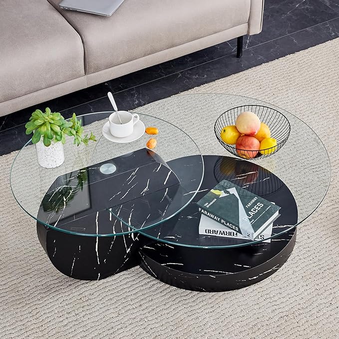 42" Glass Coffee Table, Round Coffee Table, 2-Tier Tempered Glass Tabletop with Black Faux Marble Base, Modern Center Table for Living Room, Home, Apartment, Ideal for Small Space