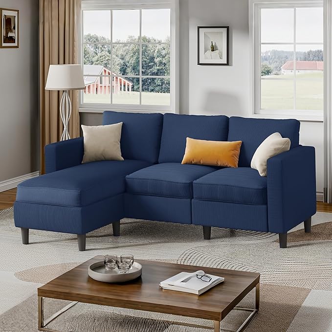 Shintenchi Small Sectional Sofa Couches,L Shape Convertible Sofa with Ottoman,3 Seat Comfy Corduroy Upholstered Sofa Couch,Small Couch for Apartment,Living Room and Office(Blue)