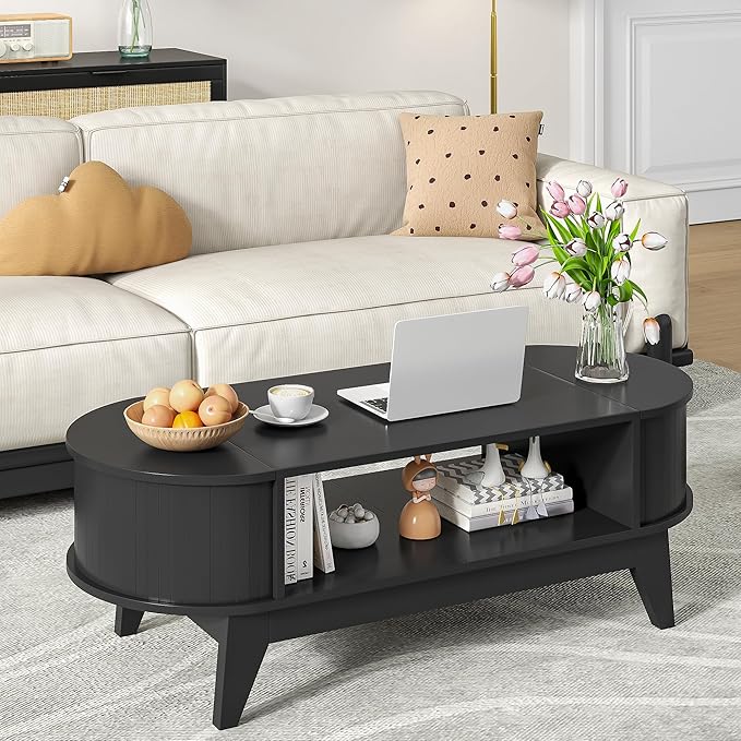 46.45'' Oval Coffee Tables for Living Room, Mid Century Modern Coffee Table with Storage, Wood Fluted Accent Center Table with Flip-Top Lids for Home,Office(Black)