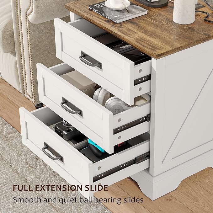 Whalefall Farmhouse Night Stand Set of 2, Large 3 Drawers Bedside Table with Charging Station, 22 inch Wide End Table for Bedroom, 2pcs White - Image 4