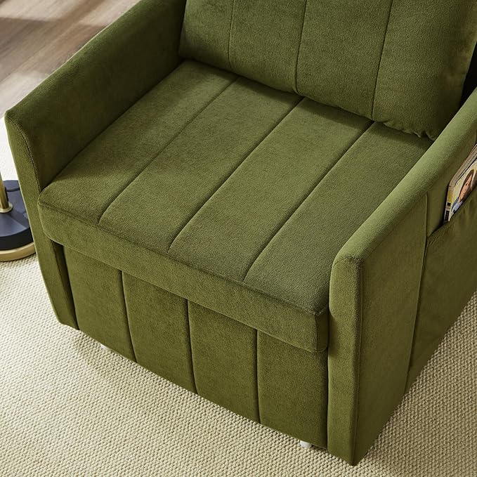 Ball & Cast 31.5" Futon Sofa-Bed,Convertible Pull Out Couch with Storage Basket,Sleeper Sofabed W/Adjustable Backrest and Side Pocket,Chaise Lounge for Living Room,Chenille Fabric,Green