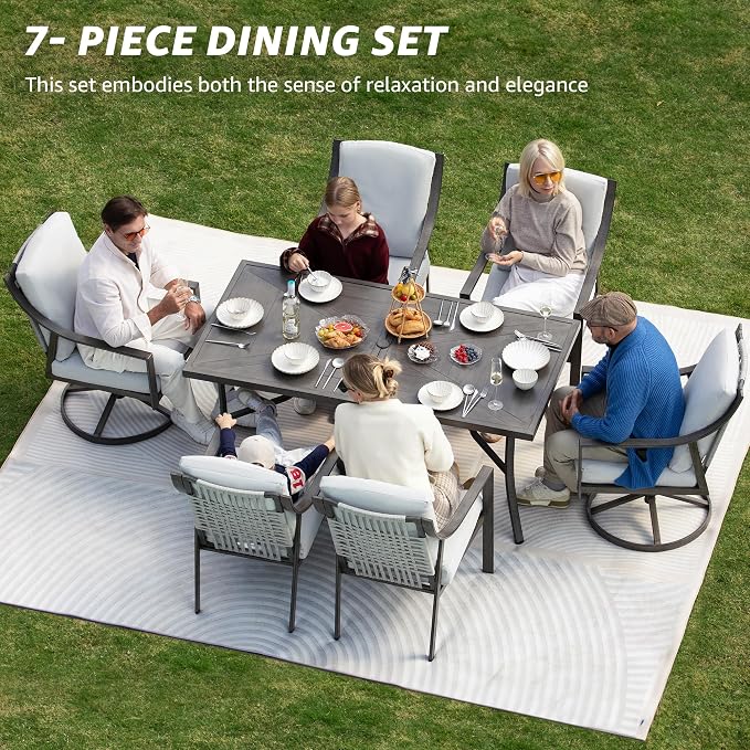 NATURAL EXPRESSIONS 7 Piece Patio Dining Table Outdoor Furniture Set for 6, 4Pcs Fixed and 2Pcs Swivel Patio Dining Chairs with Olefin Cushions, 65”Large Dining Table with Umbrella Hole - Image 2