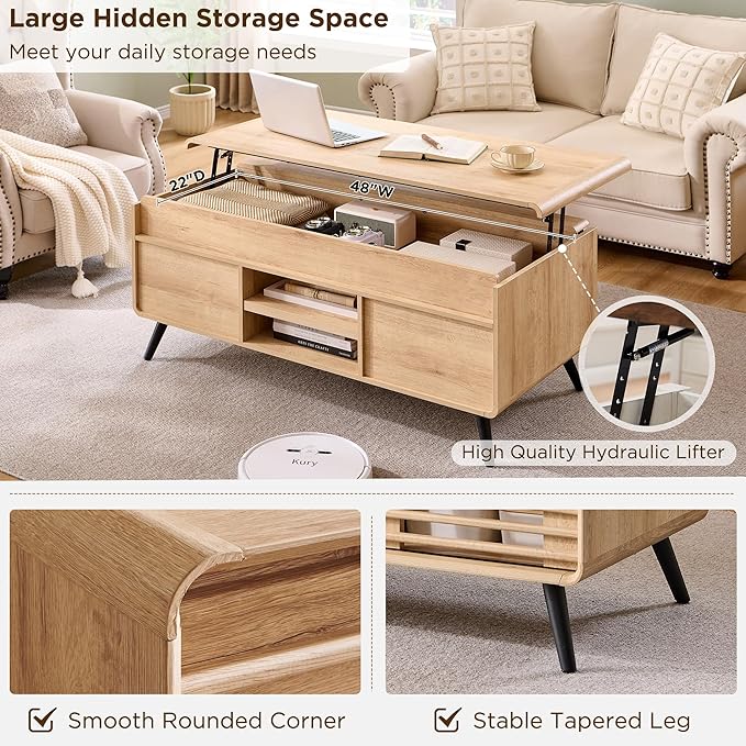 OKD Lift Top Coffee Table w/Sliding Slatted Door, 48" Mid Century Modern Wood Center Table w/Hidden Storage Compartment & Adjustable Shelf, Lift Tabletop Dining Table for Living Room (Natural Oak)