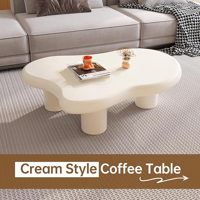 Guyii Cloud Coffee Table, Modern White Coffee Table for Living Room, Cute Irregular Indoor Tea Table with 3 Legs, Easy Assembly (Cream White, 46.06 Inch)