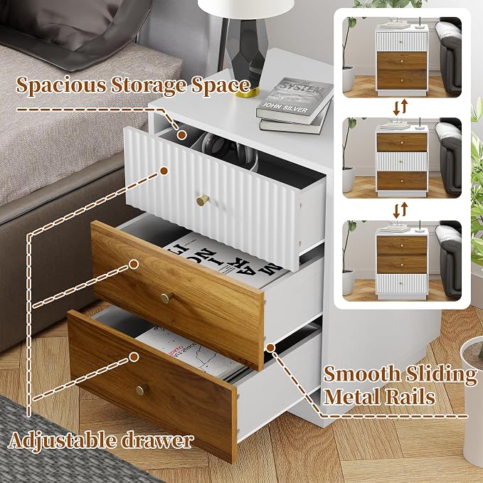 23.6" Tall Night Stand with 3 Storage Drawers, Fluted Nightstand with Metal Handles, Modern End Table Bedside Table Chest for Bedroom, White and Natural - Image 4