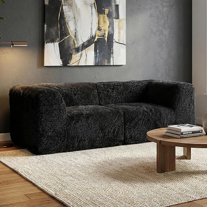 Furniture of America Havyn Modern Faux Fur 2-Seater Modular Foam Loveseat with Curved Arms & Deep Seat, Compressed Couch in a Box, No Assembly Required, for Living Room and Office, Black