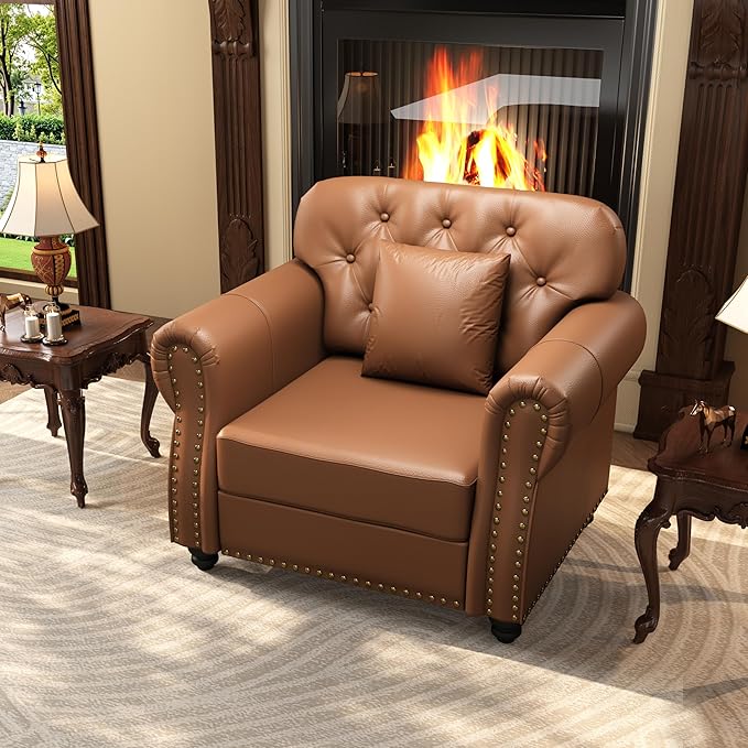 KEIKI 41" Faux Leather Chesterfield Sofa with Rolled Arms & Nailhead Trim & 1 Ottoman, 1-Seater Button Tufted Couch with High Resilience Cushion & 1 Pillow, Easy Assembly, for Living Room, Brown