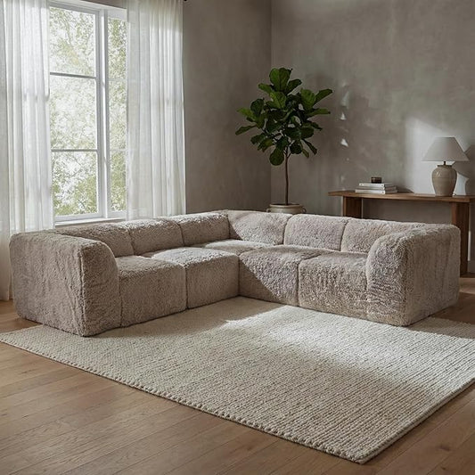 Furniture of America Havyn Modern Faux Fur 5-Seater L-Shaped Modular Foam Sectional Sofa, Compressed Couch in a Box, No Assembly Required, for Living Room and Office, Taupe