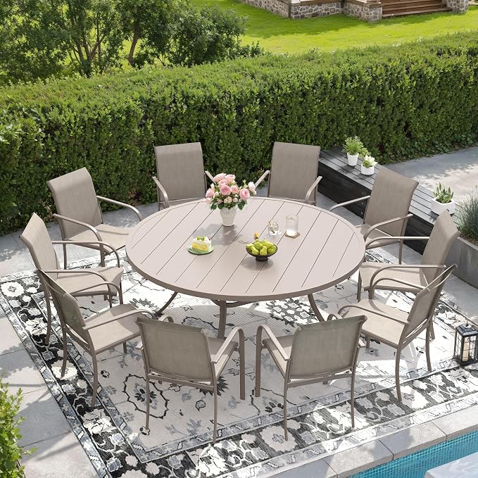 DIFY 11 Pieces Outdoor Patio Dining Set for 10, 60" Round Metal Dining Table and 10 Stackable Textilene Patio Chairs, Outdoor Table and Chairs for Backyard Garden Poolside, Sandshell by DIFY