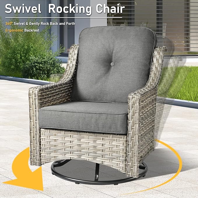 HOOOWOOO 9 Piece Patio Furniture Conversation Sets with Swivel Rocking Chairs,Outdoor Wicker Furniture with Ottoman,All Weather Resistant High Back Rattan Conversational Set(Dark Grey Gray)