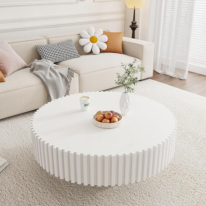 39.37" White Round Coffee Table Wood, Modern Unique Circle Coffee Table, Contemporary Drum Fluted Coffee Table Accent End Side Table Center Table for Living Room, Small Space, Apartment
