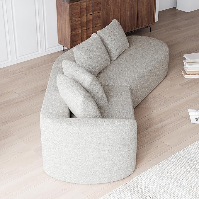 112" Modern Cloud Sectional Sofa, Chenille 4-Seater Curved Couch with 4 Pillows, Extra Deep & Wide Seat, No-Assembly Compressed Upholstered Living Room Sofa for Bedroom,Apartment,Khaki Left
