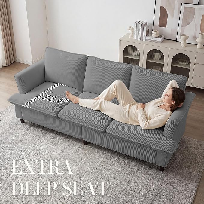 3 Seater Corduroy Couch, 89" Comfy Couch with Deep Seat, Modern Sofa Couch for Living Room, Office, Bedroom, Apartment (Pillows not Included) | Breathable material, Pet - friendly, Strong support