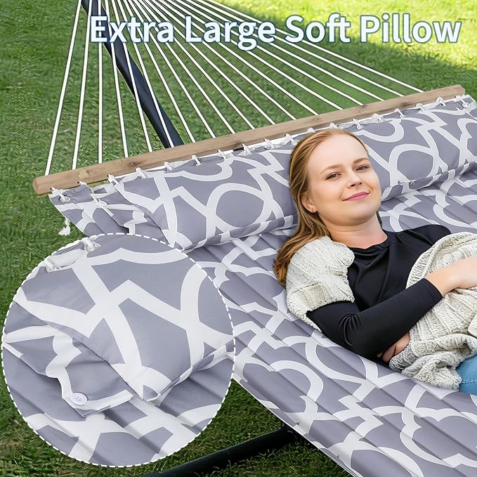 Double Hammock with Stand for 2 Person, Outdoor Freestanding Hammock Bed with 475lb Capacity - Heavy Duty Steel Frame, Quilted Pillow & Portable Carry Bag, Easy Assembly, Light Gray - Image 3