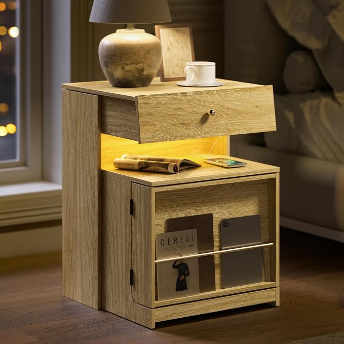 Night Stand with Charging Station, Modern LED Nightstand with Sliding Drawer & Storage Cabinet, Wood Bedside Table End Side Table for Bedroom Small Space, Natural Oak by Unknown