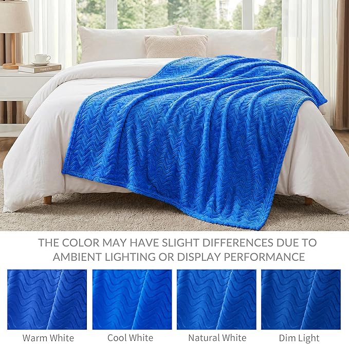 Exclusivo Mezcla Fleece Throw Blanket for Couch, Cozy Lightweight Blankets for All Season, Decorative Giftable Fuzzy Plush Wave Textured Throws for Women, Men, Cobalt Blue, 50x70 Inches