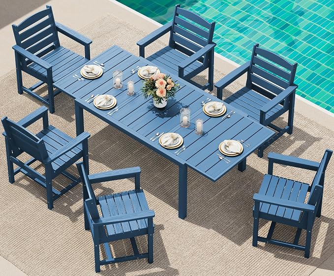 SERWALL 7-Piece Patio Dining Sets, 60" - 83" Expandable Outdoor Dining Table and 6 HDPE Chairs, All Weather HDPE Outdoor Furniture Set for Backyard, Garden, Blue by SERWALL