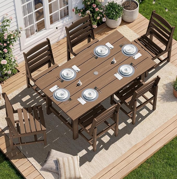 SERWALL Patio Dining Sets for 6 Person, HDPE Dining Set with 6 Armless Chairs, Brown by SERWALL