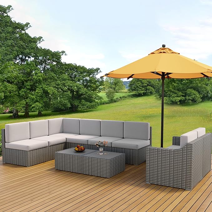 HAPPATIO 10 Piece Patio Conversation Set, Patio Furniture Set with Multiple Configuration Options,Rattan Wicker Outdoor Sectional Sofa. Easy Setup. (Gray/Beige)