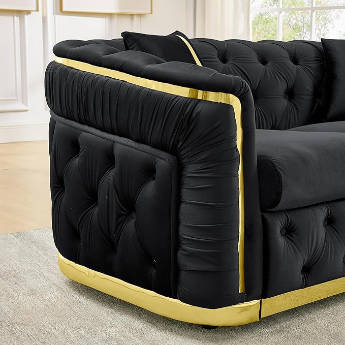 KEIKI 2-Piece Luxury Chesterfield Sofa Set with 1 Velvet 3-Seater Sofa & 1 Loveseat Sofa, 5-Seater Couch Set with 4 Pillow, Gold Stainless Decoration and Rolled Arms, for Living Room, Black