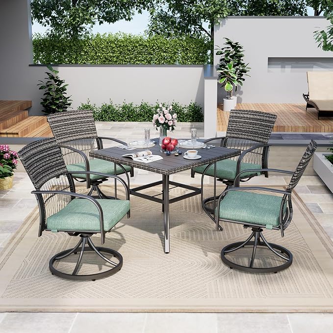 Pamapic 5-Piece Outdoor Dining Set with Swivel Chairs, Rattan Patio Furniture for Backyard, Deck, Garden, Weather-Resistant Iron Slats Table & 4 Chairs with Removable Cushions (Green) - Image 3