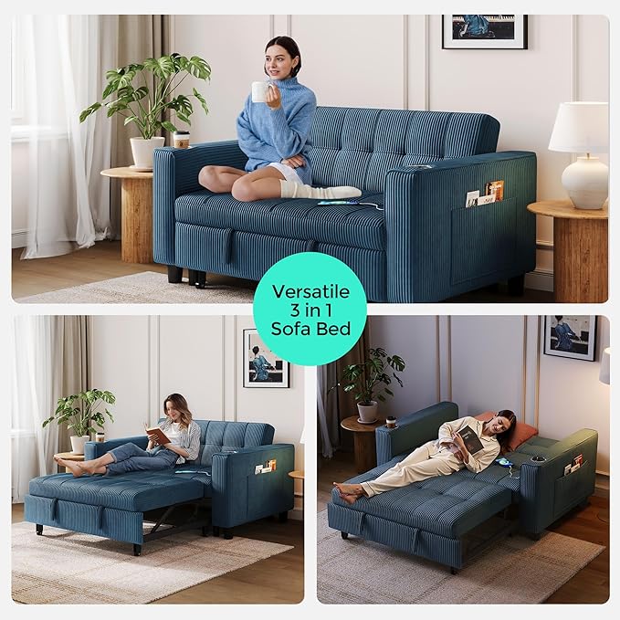 LINSY Sleeper Sofa Bed, 54" Pull Out Couch with Charging Station & Cup Holder, Small 3 in 1 Convertible Loveseat Sleeper Couch for Apartment, Dorm Room, Bedroom and Small Space, Corduroy Blue