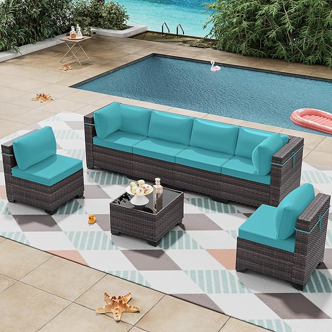 7 Pieces Outdoor Patio Furniture Set,Outdoor Sectional Furniture All Weather PE Rattan Wicker Patio Conversation Set with Coffee Table and 6 Thickened Cushions,Turquoise Blue