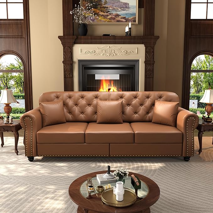 KEIKI 2-Piece Chesterfield Sofa Set with 1 Faux Leather 3-Seater Sofa & 1 Single Sofa, Upholstered 4-Seater Couch Set with Nailhead Trim & Rolled Arms & 1 Ottoman & 4 Pillow, for Living Room, Brown