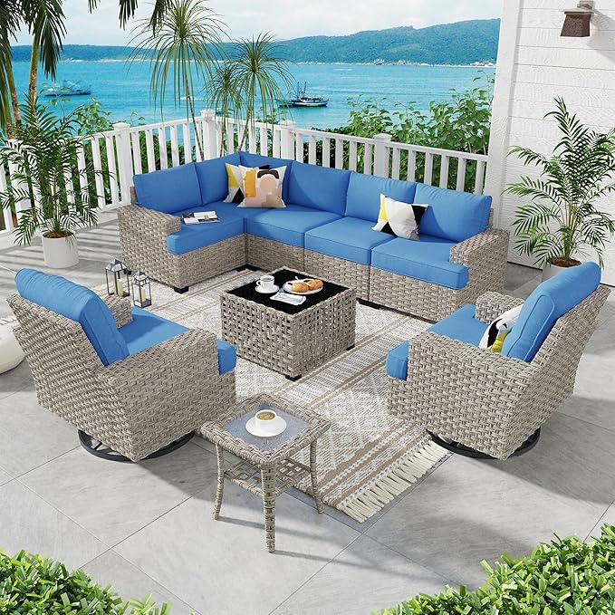 ovios 9 Piece Patio Sectional Furniture with Swivel Rocking Chairs, Rattan Wicker Coversation Set with Glowing Coffee Table, Outdoor Sofa Set for Outside Porch Balcony Backyard Pool,Blue