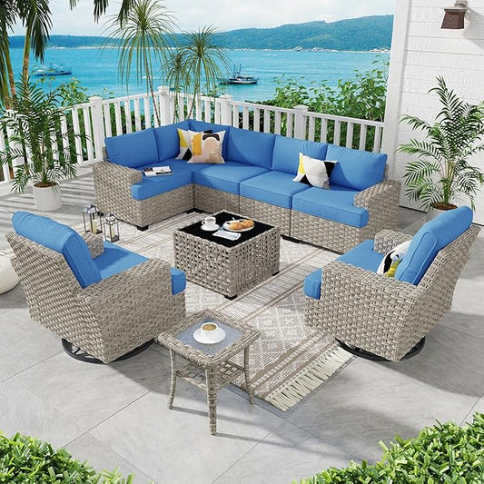 ovios 9 Piece Patio Sectional Furniture with Swivel Rocking Chairs, Rattan Wicker Coversation Set with Glowing Coffee Table, Outdoor Sofa Set for Outside Porch Balcony Backyard Pool,Blue