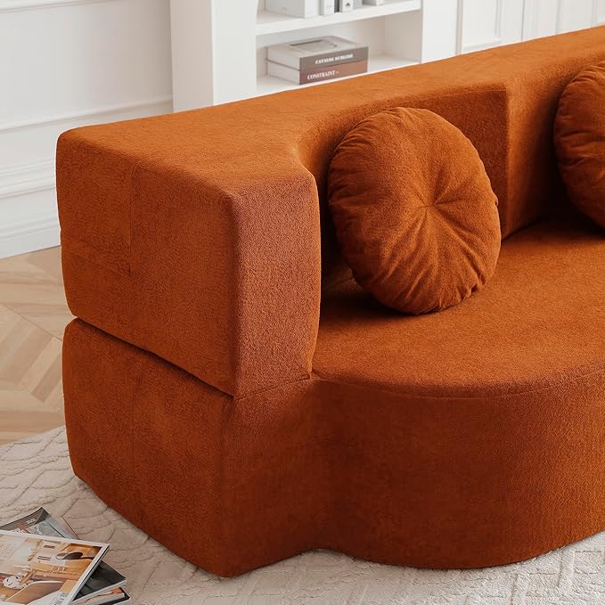 KEIKI 2-in-1 Folding Sofa Bed with Pillow, Queen Sleeper Sofa, Floor & Futon Loveseat Couch, Foam Folding Mattress for Living Room, Guest Use, Office, Apartment, No Assembly Required, Orange