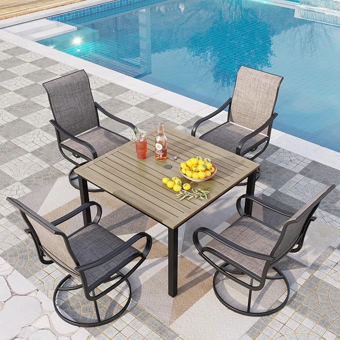 PHI VILLA 5 PCS Patio Dining Set, 4 Patio Swivel Dining Chairs & Square Brown Metal Slat Table Top with 1.57" Umbrella Hole, Outdoor Table and Chairs for All Weahter by PHIVILLA