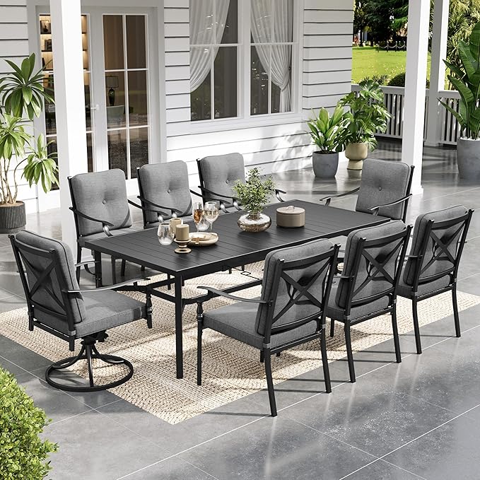 Sophia & William 9 Piece Outdoor Patio Dining Set, Patio Table and Chairs Set for 8, 6 Fixed and 2 Swivel Patio Chairs with Cushions and Rectangular Table, Outdoor Dining Set for Backyard, Poolside by SophiaWilliam