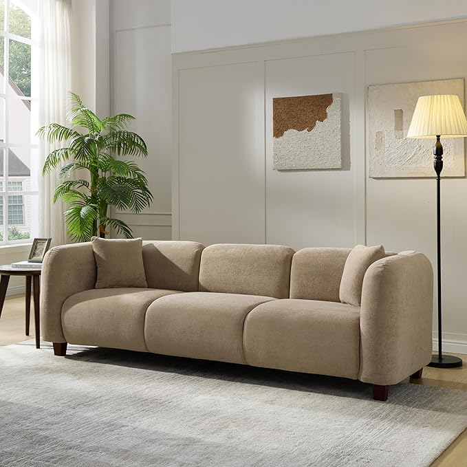 Christopher Knight Home Ahrai 3-Seater Sofa Couch with 2 Pillows, 87" Wide Oversized Sofa for Living Room, Modern Wood Frame Lounge Couch, Comfy Spacious Fabric Upholstered Home Seating, Camel