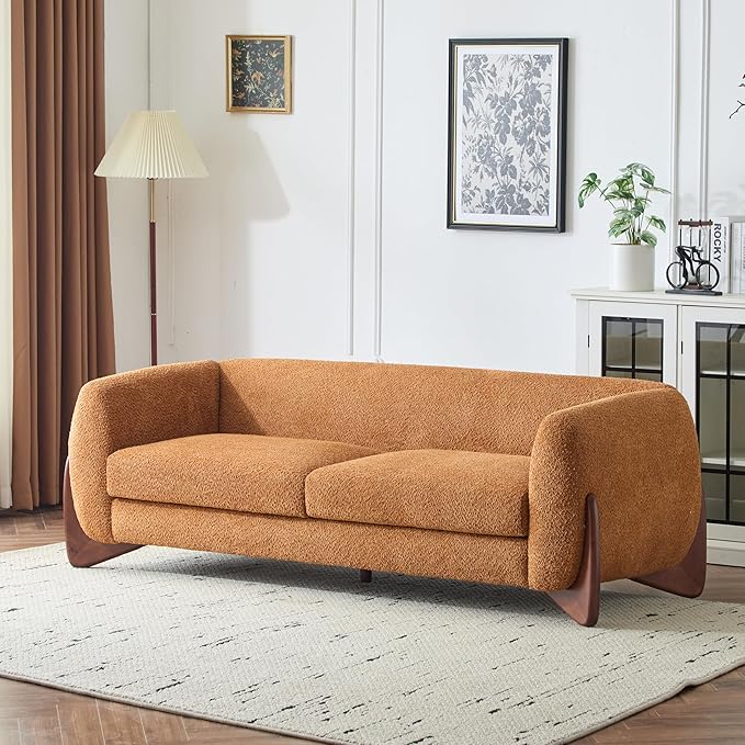 Merax 82 Inch Boucle Sherpa Sofa, Chenille Loveseat with Removable Cushions & Wood Legs, Modern Plush 3-Seater Couch for Living Room, Caramel