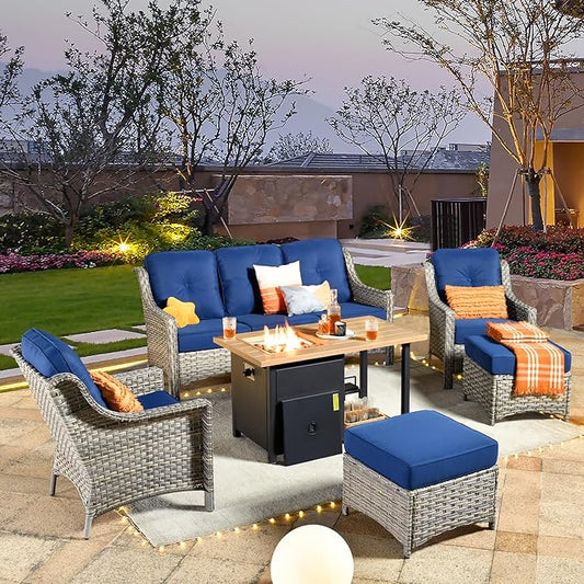 HOOOWOOO 6 Piece Patio Furniture Sets with Fire Pit Table,Outdoor Wicker Furniture Set,All Weather Resistant Outside High Back Rattan Conversation Set for Out Door(Navy Blue)