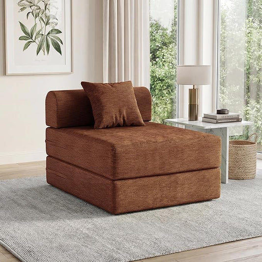 31.5'' Convertible Compressed Corduroy Folding Sofa Bed, Modern Boneless Pull Out Sleeper Sofa Couch in a Box, 3 in 1 Portable Lazy Floor Lounge Chair, No Assembly Needed, Caramel, Pillow, Single