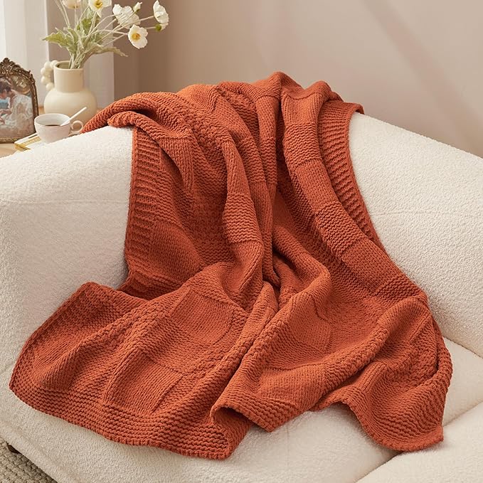 Amélie Home Knit Throw Blanket, Soft Chenille Cozy Breathable Checkered Chunky Decorative Blanket for Couch, Bed & Sofa, French-Inspired Lightweight Warm Gift for Women, Orange, 50"x60"