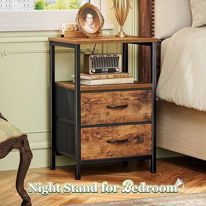 Huuger Night Stand Set of 2, Nightstand with 2 Drawers, Bed Side Table with Open Shelf, Wooden Top, End Table, Fabric Drawer, for Bedroom, Rustic Brown - Image 4
