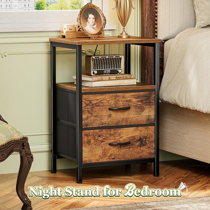 Huuger Night Stand with 2 Drawers, Bed Side Table with Open Shelf, Wooden Top, Nightstand for Bedroom, End Table for Small Space, Fabric Drawer, Rustic Brown - Image 4