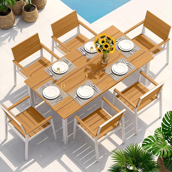 Outdoor Dining Set for 6, Patio Table and Chairs Set with Umbrella Hole, 7 Pieces HDPS + Aluminum Outdoor Furniture Sets for Patio, Garden (White & Teak) - Image 7