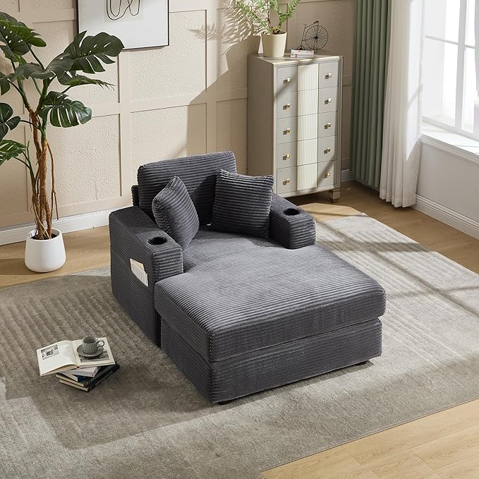 KEIKI Oversized Accent Chair with Ottoman, Chaise Lounge Chair Indoor with Cupholders, Oversized Sofa Bed, Deep Seat Sleeper Couch Reading Chairs for Living Room, Gray