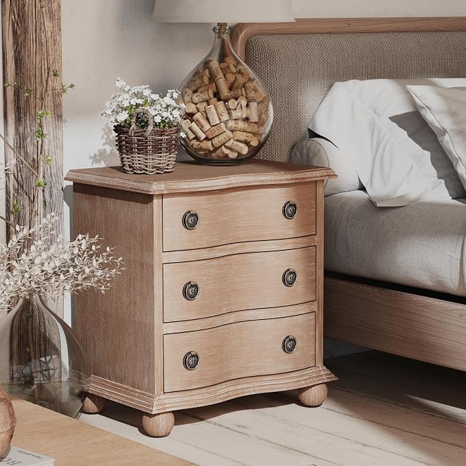 COZAYH Farmhouse 3 Drawer Nightstand with Distressed Wood Finish, Rustic Vintage Small Dresser with Curved Front Design, Solid Pine Base for Bedroom, Almost Fully Assembled, Transitional, Brown - Image 7